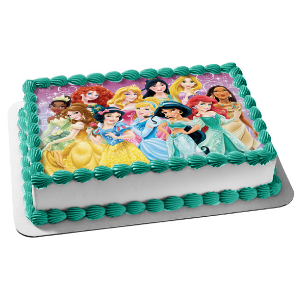 Disney Princesses Cinderella Belle Ariel Snow White Jasmine Aurora Mulan Pocahontas Merida Tiana Edible Cake Topper Image ABPID05566