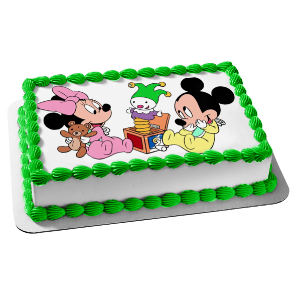 Baby Mickey Mouse and Baby Minnie Mouse Jack In the Box Edible Cake Topper Image ABPID01028