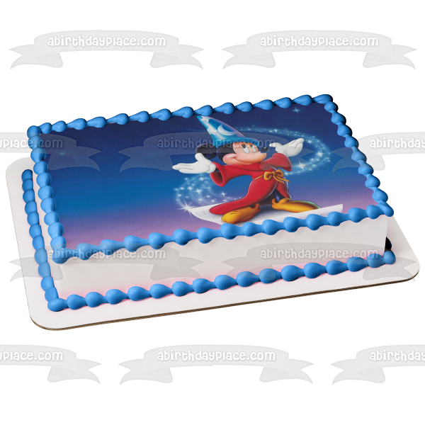 Fantasia Mickey Mouse Wizard Blue Background Edible Cake Topper Image ABPID01091