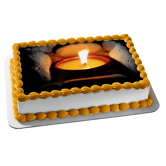 Candle Burning Surrounded by Rocks Edible Cake Topper Image ABPID52919