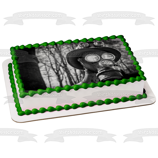 Person Wearing a Gas Mask Black and White Edible Cake Topper Image ABPID52928
