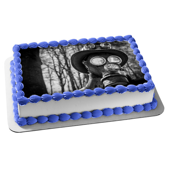 Person Wearing a Gas Mask Black and White Edible Cake Topper Image ABPID52928