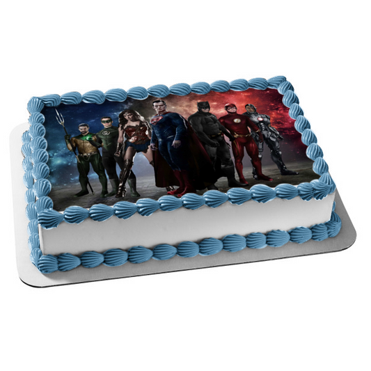 DC Comics Justice League Superman Batman Wonder Woman Green Lantern the Flash Cyborg Aquaman Edible Cake Topper Image ABPID22076