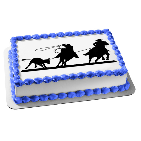 Western Roper Team Silhouette Bull Edible Cake Topper Image ABPID01156