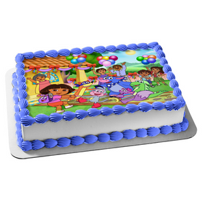 Dora and Frienda Party Boots Backpack Map Diego Swiper Tico Alicia Isa Balloons Edible Cake Topper Image ABPID01184