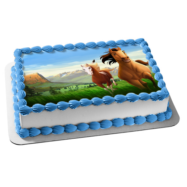 Spirit Stallion of the Cimarron Rain Running Mountains Background Edible Cake Topper Image ABPID01189
