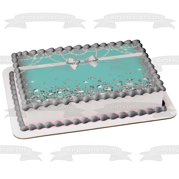 Celebration Silver Bow Pearls Diamonds Blue Background Edible Cake Topper Image ABPID01206