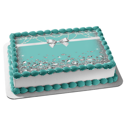 Celebration Silver Bow Pearls Diamonds Blue Background Edible Cake Topper Image ABPID01206
