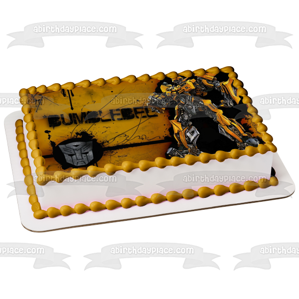Transformers Autobot Bumblebee Standing Logo with a Yellow Background Edible Cake Topper Image ABPID01233