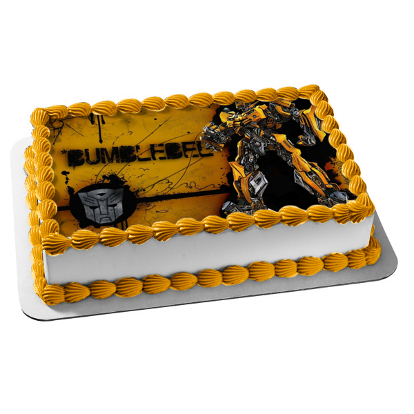 Transformers Autobot Bumblebee Standing Logo Yellow Background Edible Cake Topper Image ABPID01233