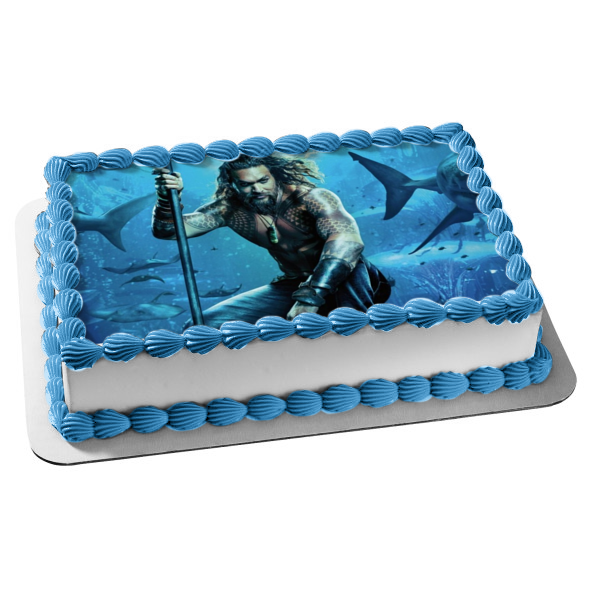 DC Comics Aquaman Under Water Sharks Fish Swimming Edible Cake Topper Image ABPID01267