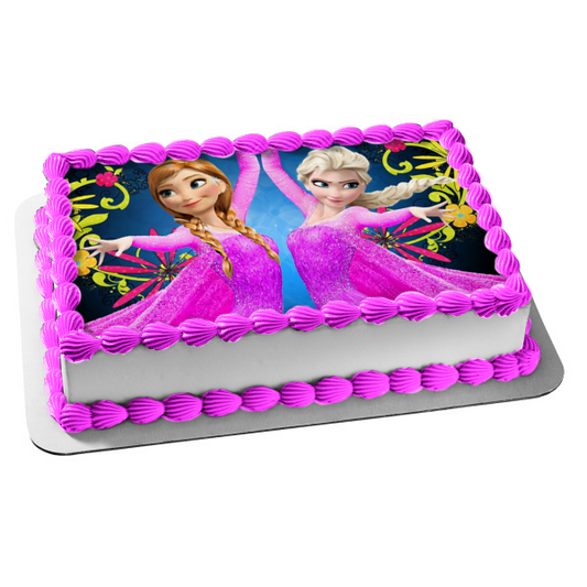 Frozen Anna Elsa Pink Ball Gowns and Flowers Edible Cake Topper Image ABPID01271