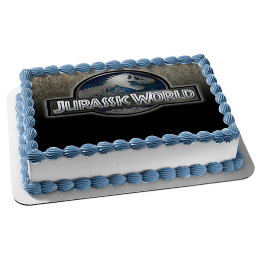 Jurassic World Logo Silver and Tyrannosaurus Rex Edible Cake Topper Image ABPID01273