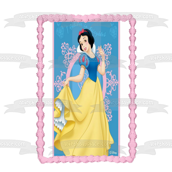 Princess Snow White I Believe In Fairy Tales Apples and a Blue Background Edible Cake Topper Image ABPID01275