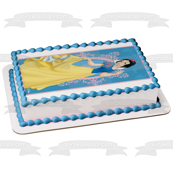 Princess Snow White I Believe In Fairy Tales Apples and a Blue Background Edible Cake Topper Image ABPID01275