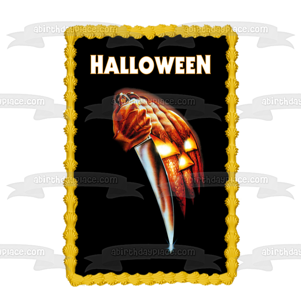 Halloween Scary Jack-O-Lantern with a Knife Movie Poster Horror Film Edible Cake Topper Image ABPID53020