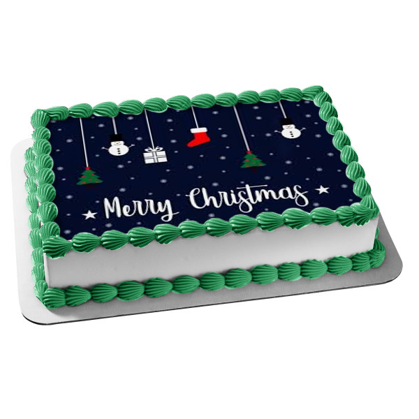Merry Christmas Snowmen Christmas Trees Present Christmas Stocking Edible Cake Topper Image ABPID53030