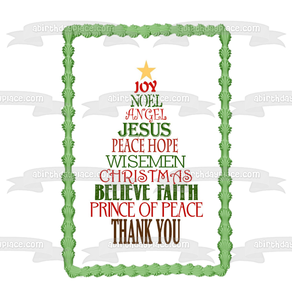 Merry Christmas Christmas Tree of Holiday Words Joy Noel Angel Edible Cake Topper Image ABPID53043