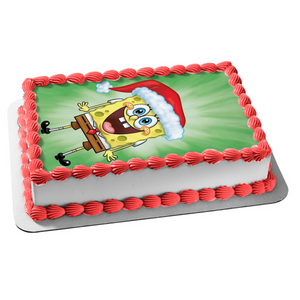 SpongeBob SquarePants Merry Christmas Santa Hat Edible Cake Topper Image ABPID53056