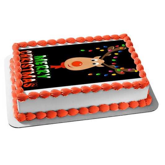 Merry Christmas Reindeer Christmas Lights Edible Cake Topper Image ABPID53057