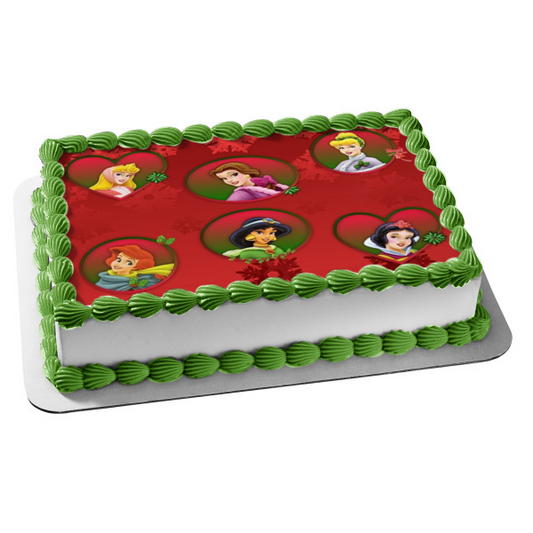 Disney Princess Merry Christmas Cinderella Aurora Belle Snow White Jasmine Ariel Snowflakes Edible Cake Topper Image ABPID53058