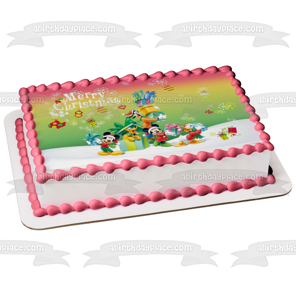 Mickey Mouse and Friends Merry Chistmas Minnie Mouse Donald Duck Goofy Pluto Presents Edible Cake Topper Image ABPID53068