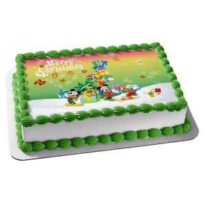 Mickey Mouse and Friends Merry Chistmas Minnie Mouse Donald Duck Goofy Pluto Presents Edible Cake Topper Image ABPID53068