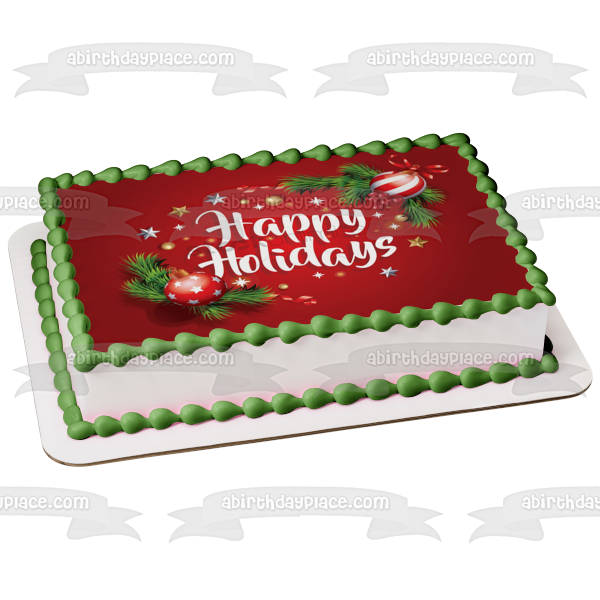 Happy Holidays Christmas Bulbs Mistletoe Edible Cake Topper Image ABPID53076