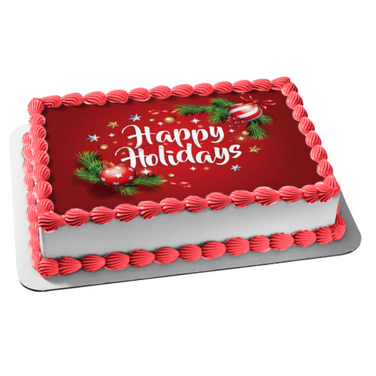 Happy Holidays Christmas Bulbs Mistletoe Edible Cake Topper Image ABPID53076