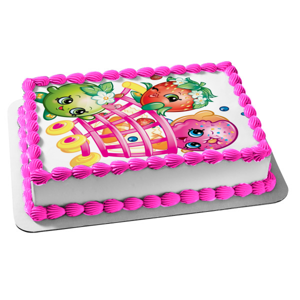 Shopkins Shopping Cart D'Lish Donut Strawberry Kiss Apple Blossom Edible Cake Topper Image ABPID01316