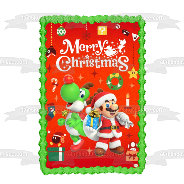 Super Mario Brothers Merry Christmas Mario Yoshi Christmas Costumes Edible Cake Topper Image ABPID53087
