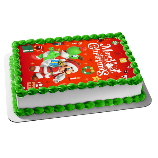 Super Mario Brothers Merry Christmas Mario Yoshi Christmas Costumes Edible Cake Topper Image ABPID53087