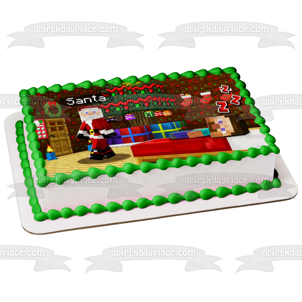 Minecraft Merry Christmas Steve Santa Claus Christmas Tree Christmas Presents Edible Cake Topper Image ABPID53093