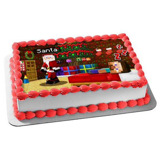 Minecraft Merry Christmas Steve Santa Claus Christmas Tree Christmas Presents Edible Cake Topper Image ABPID53093