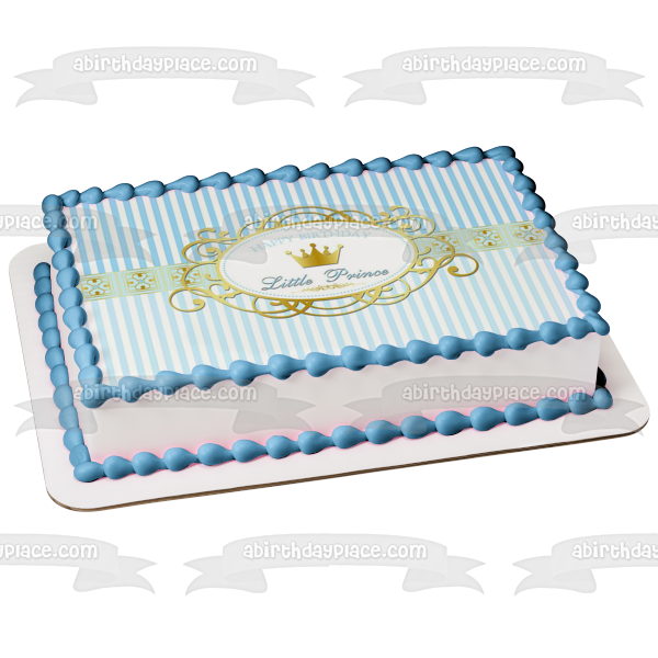 Happy Birthday Little Prince Gold Crown Blue and White Striped Background Edible Cake Topper Image ABPID01393