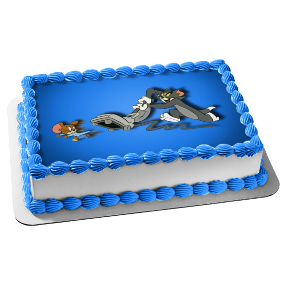 Tom and Jerry Chasing with a Vaccuum Blue Background Edible Cake Topper Image ABPID01405