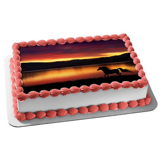 Horse Running Silhouette Sunset Background Edible Cake Topper Image ABPID01413