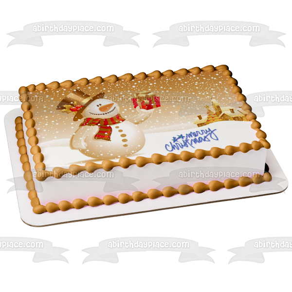 Merry Christmas Snowman Christmas Present Edible Cake Topper Image ABPID53101