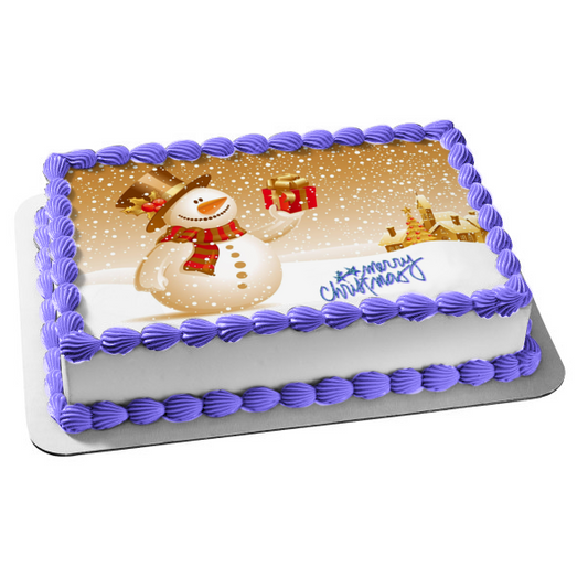 Feliz Navidad Muñeco de nieve Regalo de Navidad Adorno comestible para tarta Imagen ABPID53101 