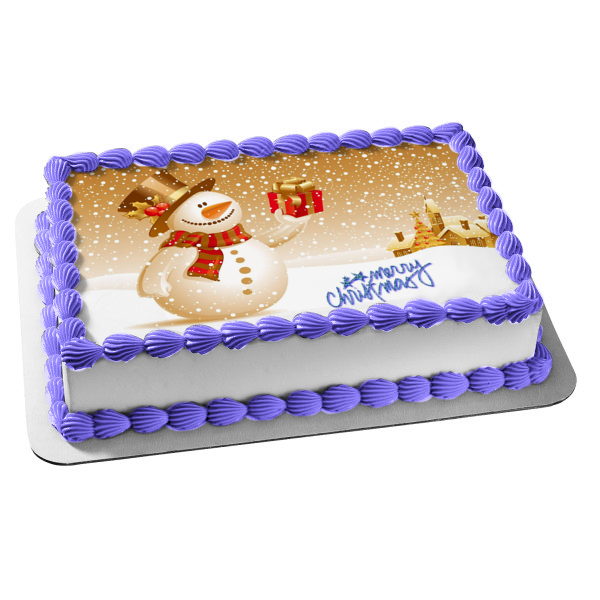 Merry Christmas Snowman Christmas Present Edible Cake Topper Image ABPID53101