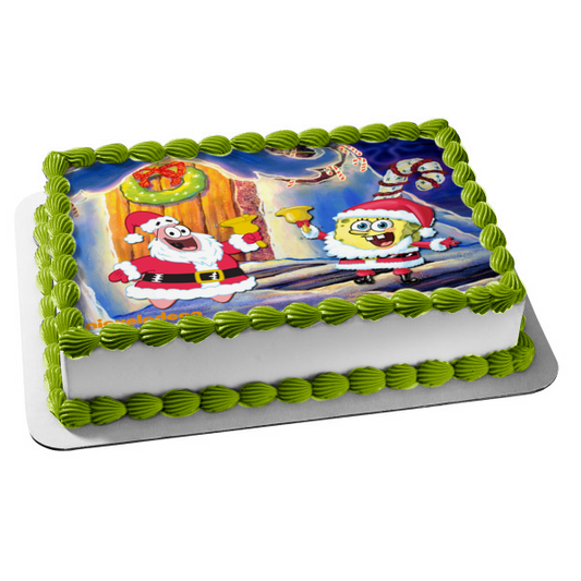 SpongeBob SquarePants Merry Christmas SpongeBob and Patrick In Santa Costumes Edible Cake Topper Image ABPID53103