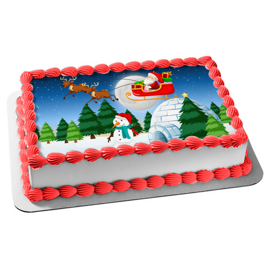 Feliz Navidad Papá Noel Muñeco de nieve Reno Iglú Adorno comestible para tarta Imagen ABPID53119 