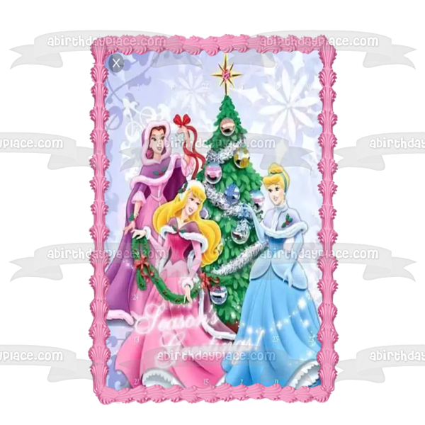 Disney Princess Merry Christmas Belle Cinderella Aurora Christmas Tree Edible Cake Topper Image ABPID53120