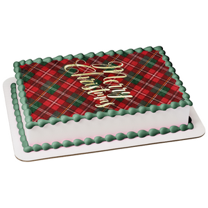 Merry Christmas Red and Green Plaid Background Edible Cake Topper Image ABPID53123