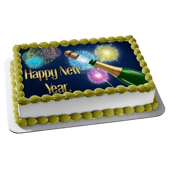 Happy New Year Champagne Bottle Fireworks Edible Cake Topper Image ABPID53139