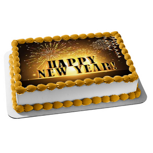 Happy New Year Gold Fireworks Streamers Edible Cake Topper Image ABPID53142