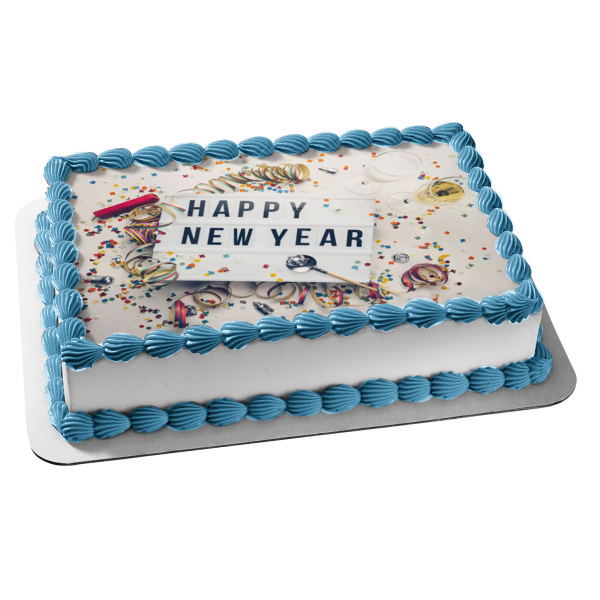 Happy New Year Champagne Confetti Edible Cake Topper Image ABPID53151