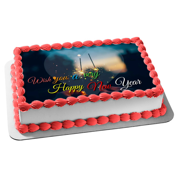 Wish You a Very Happy New Year Sparklers Hearts Edible Cake Topper Image ABPID53156