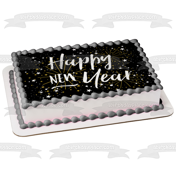 Happy New Year Silver and Gold Stars Edible Cake Topper Image ABPID53178