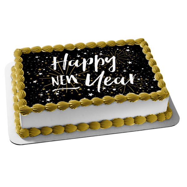 Happy New Year Silver and Gold Stars Edible Cake Topper Image ABPID53178